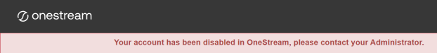 The global home page has a black banner at the top with the OneStream logo. The error message has a pink background with red text.